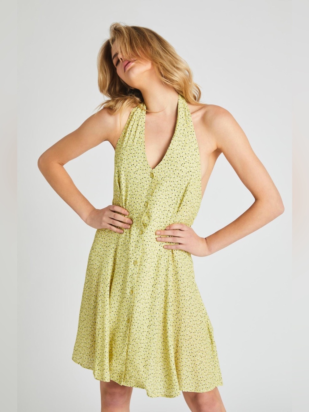 ROLLA'S Citron Mini Tulips Halter Backless Button Dress, M